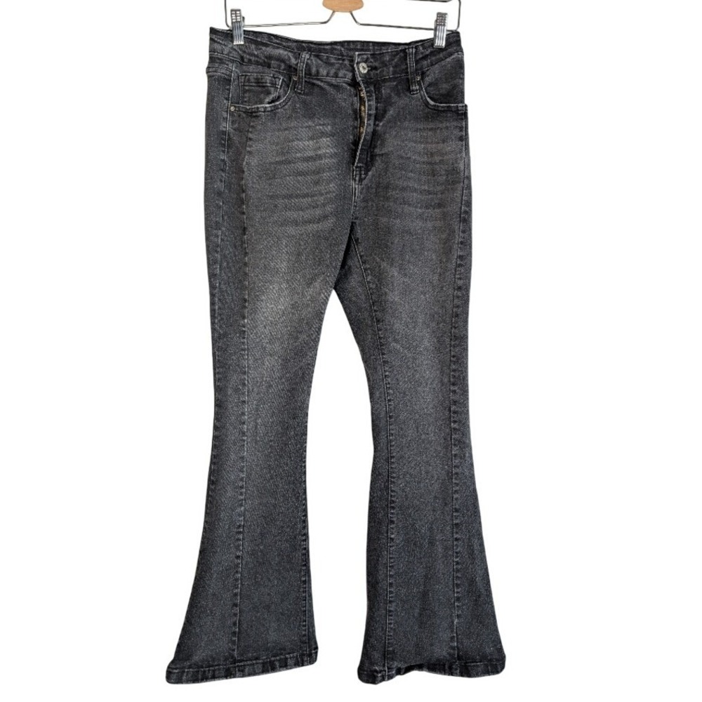 Large Gray Stretch Flare Jeans Women's Retro Denim Pants
